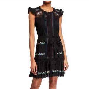 SALONI Bea Embroidered Black Floral Ruffled Tiered Mini Dress